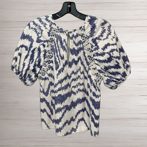 Saylor Blue-Gray & Cream Smocked Puff Sleeve Cotton Blouse – Size Small - Picture 2 of 8